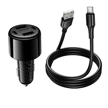 Автомобильное зарядное устройство, 2 USB QC3.0 12W, 2 PD 12W (Z69), HOCO, кабель Type-C, черный с синим