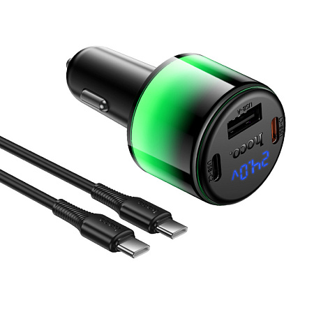 Автомобильное зарядное устройство, 1 USB 5V/2.4A + 2 PD 25W (Z69A), HOCO, кабель Type-C to Type-C, с дисплеем, черный