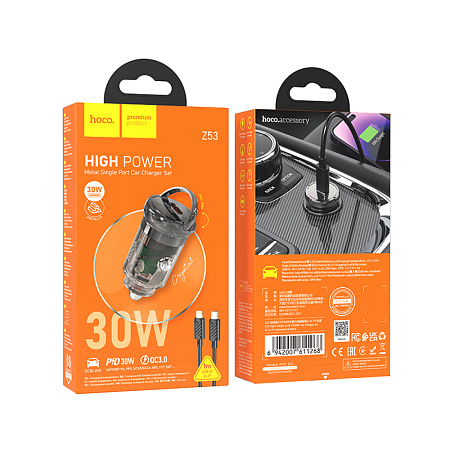 Автомобильное зарядное устройство, 1 PD 30W (Z53), HOCO, кабель Type-С to Lightning, черный с прозрачным