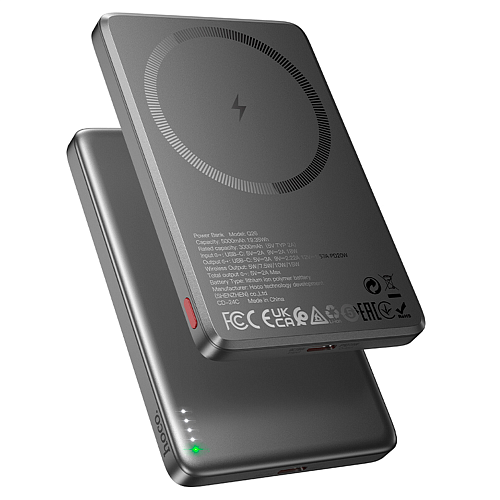 Универсальный Доп. Аккумулятор 5000mAh, Q26 Joy, HOCO, 1 PD 20W, беспроводная зарядка (MagSafe), металлический серый
