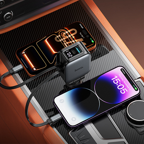 Автомобильное зарядное устройство, 1 USB QC3.0+1 PD 30W + кабель Type-C и кабель Lightning выдвижные(Z67A), HOCO, черный