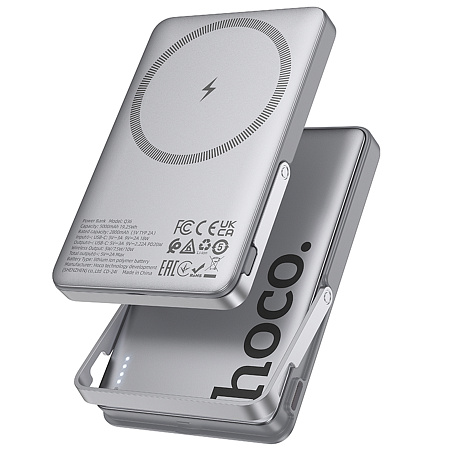 Универсальный Доп. Аккумулятор 5000mAh, Q36, HOCO, 1 PD 20W, беспроводная зарядка (MagSafe), с подставкой, серый