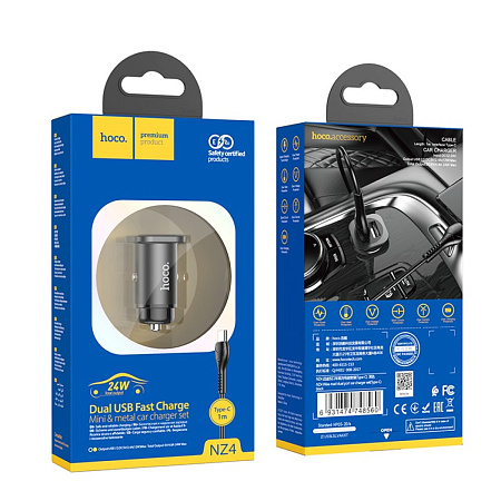 Автомобильное зарядное устройство, 2 USB 2.4A (NZ4), usb cable Type-C, HOCO, черный