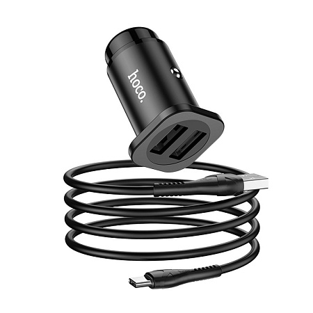 Автомобильное зарядное устройство, 2 USB 2.4A (NZ4), usb cable Type-C, HOCO, черный