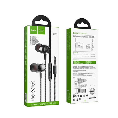 Проводные наушники M87 String wired earphones, hoco, вакуумные с микрофоном, черные