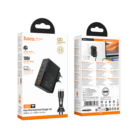 Сетевое зарядное устройство, 3 PD 65W/30W + 1 USB 18W (N85), HOCO, Type-C to Type-C, черный