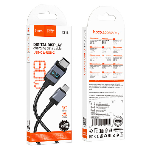 Кабель Type-C на Type-C, HOCO, X118, 1м, 60W, с дисплеем, черный