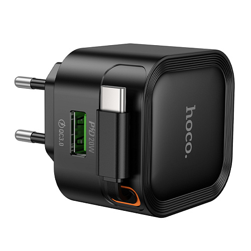 Сетевое зарядное устройство, 1 USB 3.0 QC+встроенный кабель-рулетка Type-C, 20W (C154A), HOCO, черный