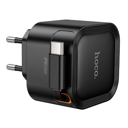Сетевое зарядное устройство, встроенный кабель-рулетка Type-C, 20W (C153A), HOCO, черный