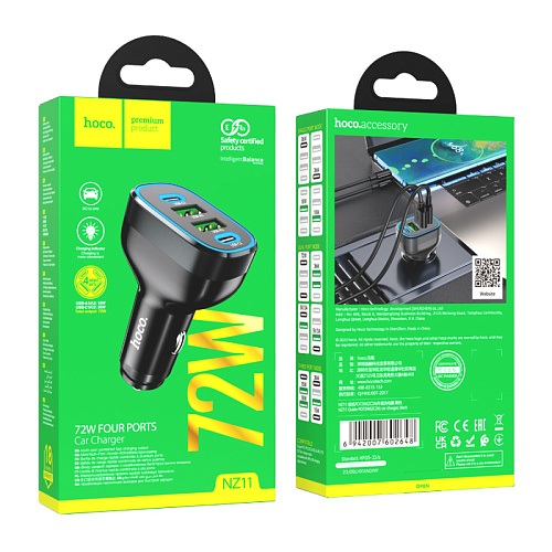 Автомобильное зарядное устройство, 2 USB QC3.0 18W, 1 PD 30W (NZ11A), HOCO, черный