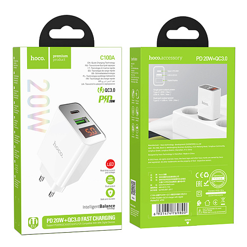 Сетевое зарядное устройство, 1 PD 20W + 1 USB 3.0 QC (C100A), HOCO, белый