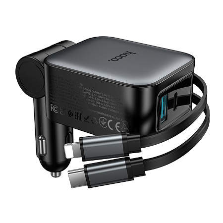 Автомобильное зарядное устройство, 1 USB QC3.0+1 PD 30W + кабель Type-C и кабель Lightning выдвижные(Z67A), HOCO, черный