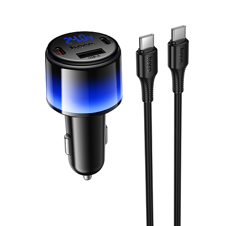 Автомобильное зарядное устройство, 1 USB 5V/2.4A + 2 PD 45W (Z69B), HOCO, кабель Type-C to Type-C, с дисплеем, черный