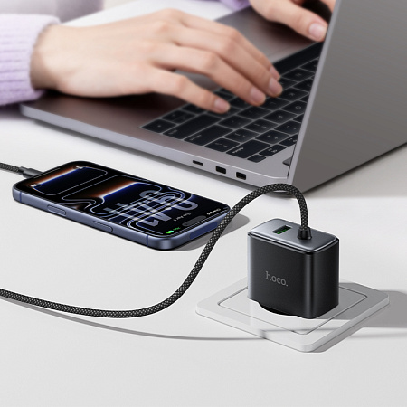 Сетевое зарядное устройство, 1 Type-C 25W + 1 USB 3.0 QC (C164A), HOCO, встроенный кабель Type-C, черный