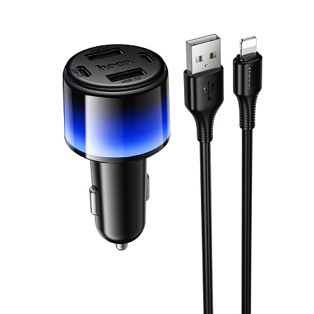 Автомобильное зарядное устройство, 2 USB 5V/2.4A + 2 PD 5V/2.4A (Z69), HOCO, usb cable lightning, с подсветкой, черный