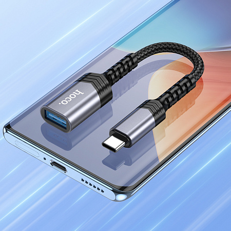 Переходник Type-C (папа) - USB-A 3.0 (мама), UA24, HOCO, с проводом, черный