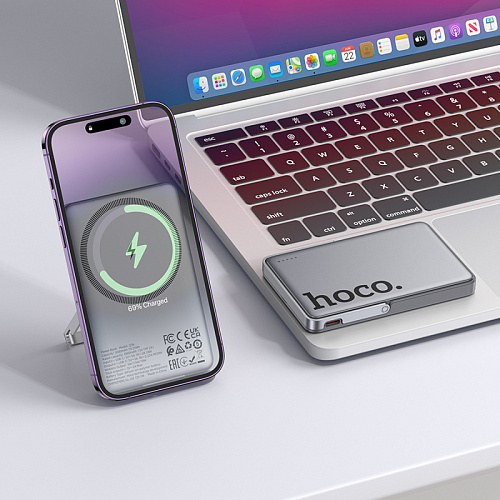 Универсальный Доп. Аккумулятор 5000mAh, Q36, HOCO, 1 PD 20W, беспроводная зарядка (MagSafe), с подставкой, серый