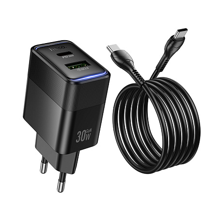Сетевое зарядное устройство, 1 PD 30W + 1 USB 3.0 QC (CS112A), HOCO, Type-C to Type-C, черный