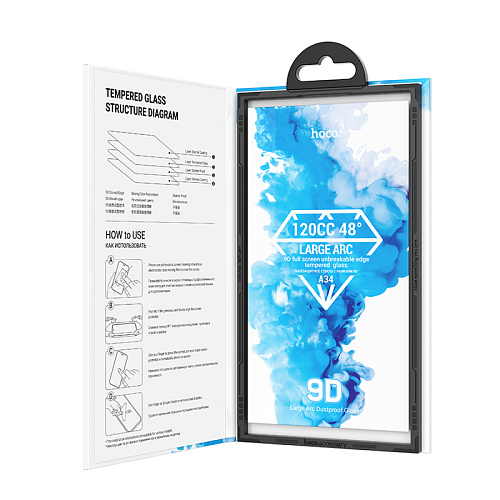 Защитное стекло на iPhone 13 (6.1)/13 Pro/14/16e, A34, HOCO, 9D large arc dustproof glass, черное