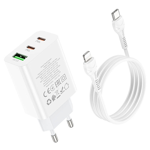 Сетевое зарядное устройство, 2 PD 20W/18W + 1 USB 3.0 QC (C99A), HOCO, Type-C to Lightning, белая