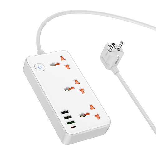 Сетевой фильтр на 3 розетки, 1 USB (18W QC)+ 2 USB, 1 PD (30W), 1.5м, AC8A, HOCO, белый