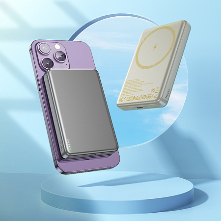 Универсальный Доп. Аккумулятор 10000mAh, Q26A, HOCO, 1 PD 20W, беспроводная зарядка (MagSafe), металлический серый