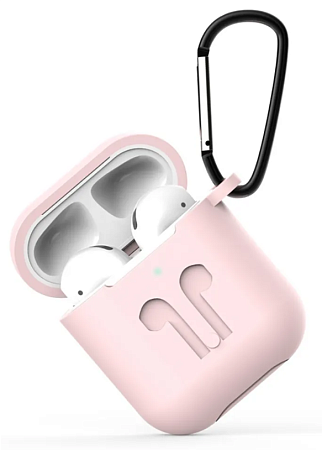 Чехол силиконовый для Airpods 1/Airpods 2 case, X-CASE, бледно-розовый с карабином