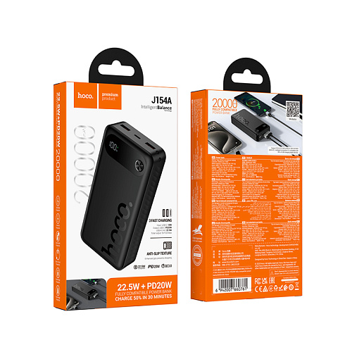 Универсальный Доп. Аккумулятор 20000mAh, J154A, HOCO, выход: 2 USB (22.5), 1 PD (20W), черный