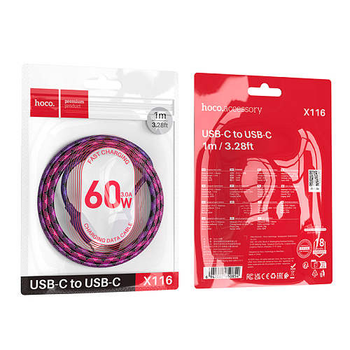 Кабель Type-C на Type-C, HOCO, X116, 60W, разноцветный фиолетовый с розовым или оранжевым