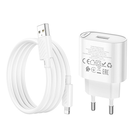 Сетевое зарядное устройство, 1 USB 10.5W (C109A), HOCO, Lightning, белый