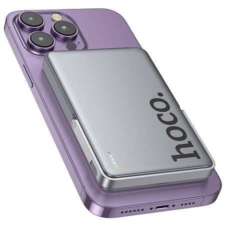 Универсальный Доп. Аккумулятор 5000mAh, Q36, HOCO, 1 PD 20W, беспроводная зарядка (MagSafe), с подставкой, серый