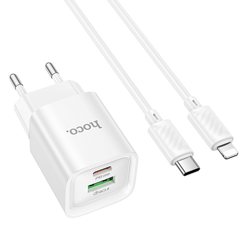 Сетевое зарядное устройство, 1 PD 20W + 1 USB 3.0 QC (C147A), HOCO, Type-C to Lightning, мини, белый