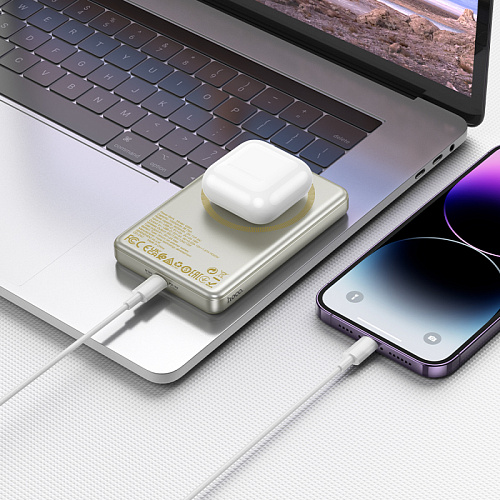 Универсальный Доп. Аккумулятор 10000mAh, Q26A, HOCO, 1 PD 20W, беспроводная зарядка (MagSafe), титановое золото