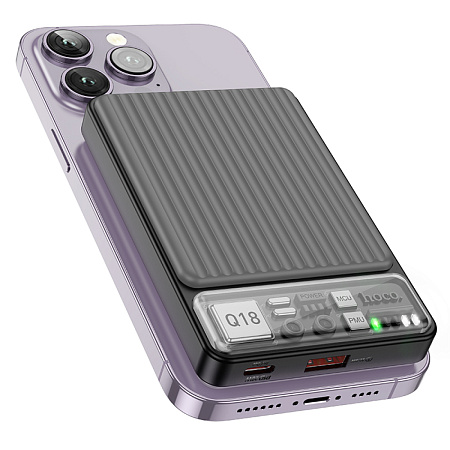 Универсальный Доп. Аккумулятор 10000mAh, Q18, HOCO, выход: беспроводная зарядка+1 PD (20W), 1 USB 22.5W, черный
