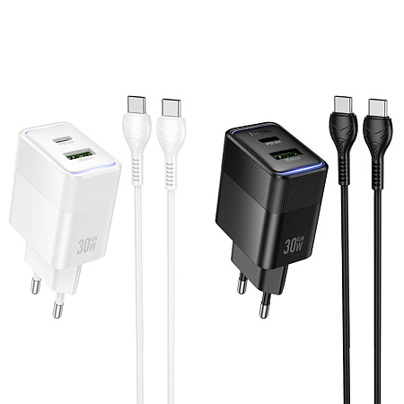 Сетевое зарядное устройство, 1 PD 30W + 1 USB 3.0 QC (CS112A), HOCO, Type-C to Type-C, черный