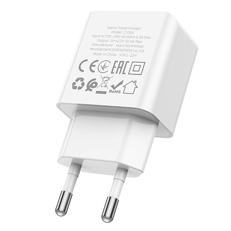 Сетевое зарядное устройство, 1 USB 2.1A (C106A), HOCO, белый