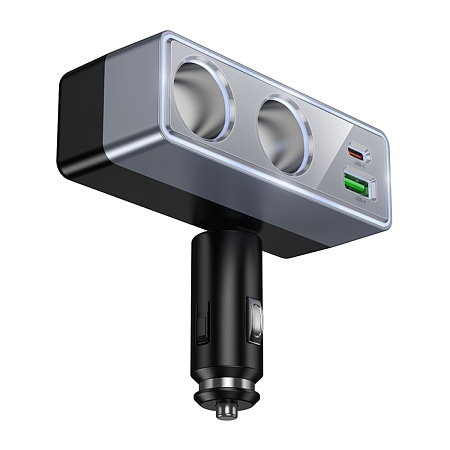 Разветвитель прикуривателя на 1 USB QC3.0 18W + 1 PD 30W + 2 прикуривателя Z65B, HOCO, серый