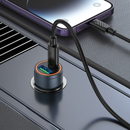 Автомобильное зарядное устройство, 1 USB QC3.0 18W, 1 PD 30W (Z57A), HOCO, кабель Type-C to Lightning, серый