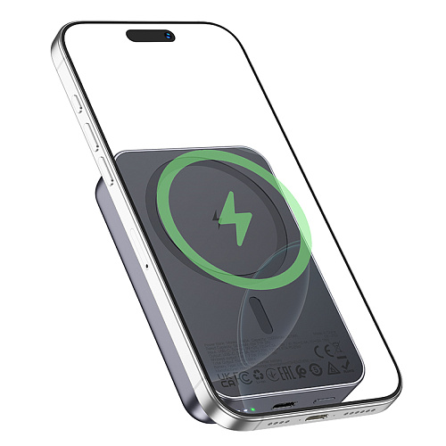 Универсальный Доп. Аккумулятор 10000mAh, J160A, HOCO, 1 PD 20W, беспроводная зарядка (MagSafe), серый