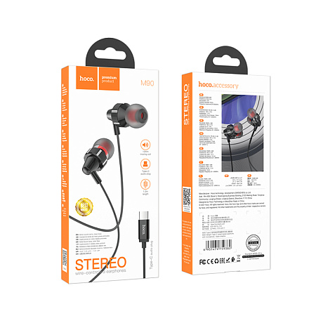 Проводные наушники M90, Type-C, Delight wire-controlled earphones with microphone, HOCO, вакуумные, черные