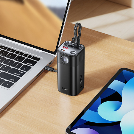 Универсальный Доп. Аккумулятор 20000mAh, Q59, HOCO, выход 1 USB (22.5W) + 1 PD (65W), кабель: Type-C, Lightning, черный