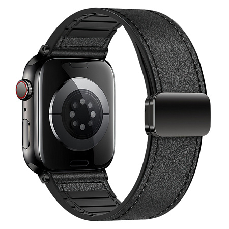 Ремешок на руку для Apple Watch 44/45/46/49 мм, HOCO, WA34, воловья кожа, двойная магнитная застежка, черный