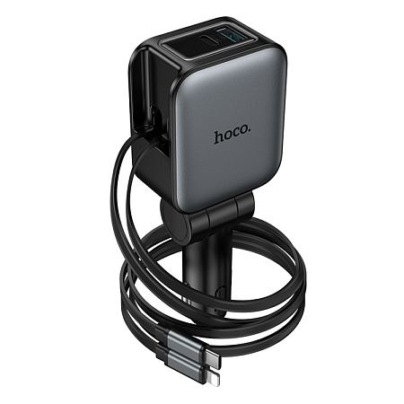 Автомобильное зарядное устройство, 1 USB QC3.0+1 PD 30W + кабель Type-C и кабель Lightning выдвижные(Z67A), HOCO, черный