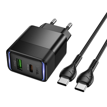 Сетевое зарядное устройство, 1 PD 30W + 1 USB 3.0 QC (CS112A), HOCO, Type-C to Type-C, черный