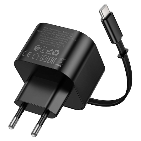 Сетевое зарядное устройство, встроенный кабель-рулетка Type-C, 20W (C153A), HOCO, черный