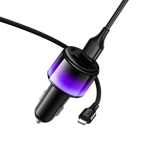 Автомобильное зарядное устройство, 2 USB 5V/2.4A + 2 PD 5V/2.4A (Z69), HOCO, usb cable lightning, с подсветкой, черный