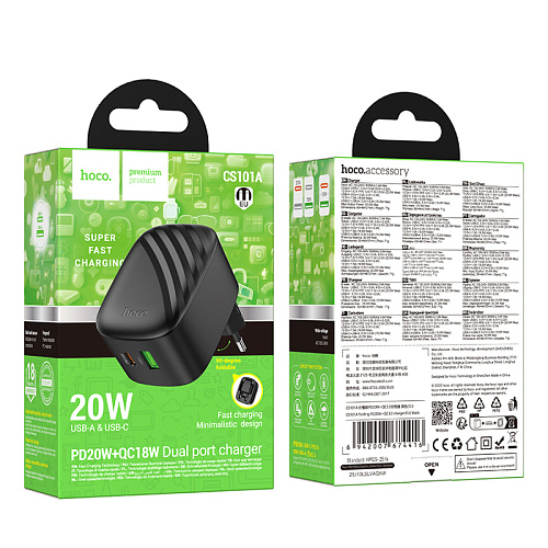 Сетевое зарядное устройство, 1 PD 20W + 1 USB 3.0 QC (CS101A), HOCO, складное, черный