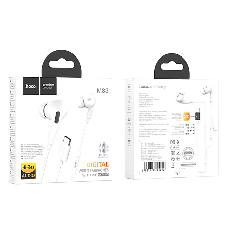 Проводные наушники M83, Type-C, Original series earphones, HOCO, вакуумные с микрофоном, белые