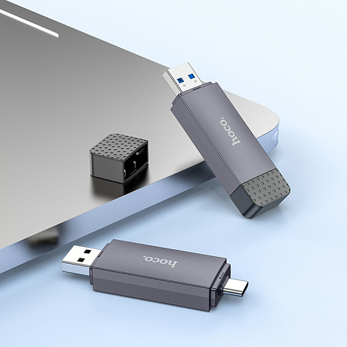 Картридер 2 в 1, USB/Type-C 3.0, HB45, HOCO, поддержка TF/SD карт, серый