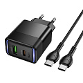 Сетевое зарядное устройство, 1 PD 30W + 1 USB 3.0 QC (CS112A), HOCO, Type-C to Type-C, черный